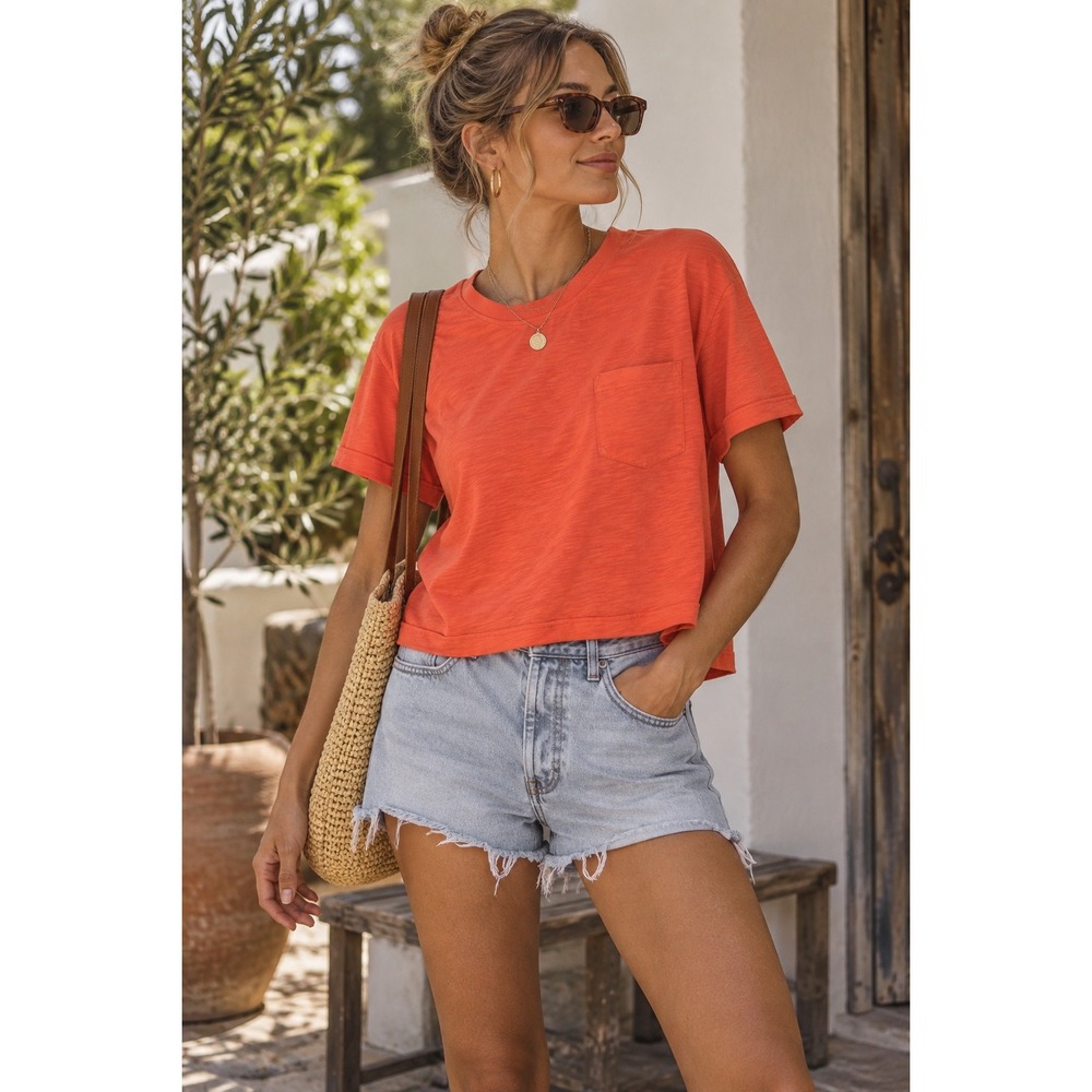 Evereve Coral Orange Slub Knit Pocket Tee EK3124 XL Womens Short Sleeve Top